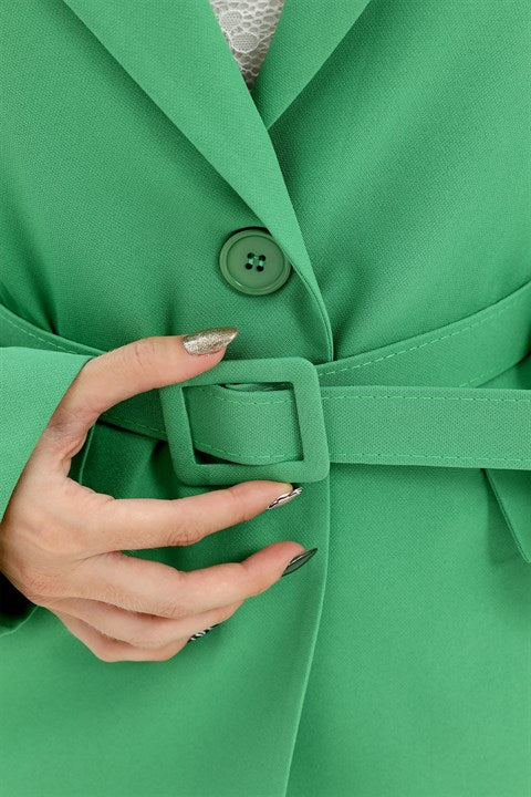Düşük Omuz Kemerli Atlas Kumaş Blazer Ceket - Yeşil
