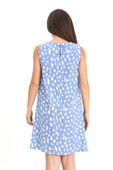 Elbise Sıfır Kol Desenli Keten - Mavi