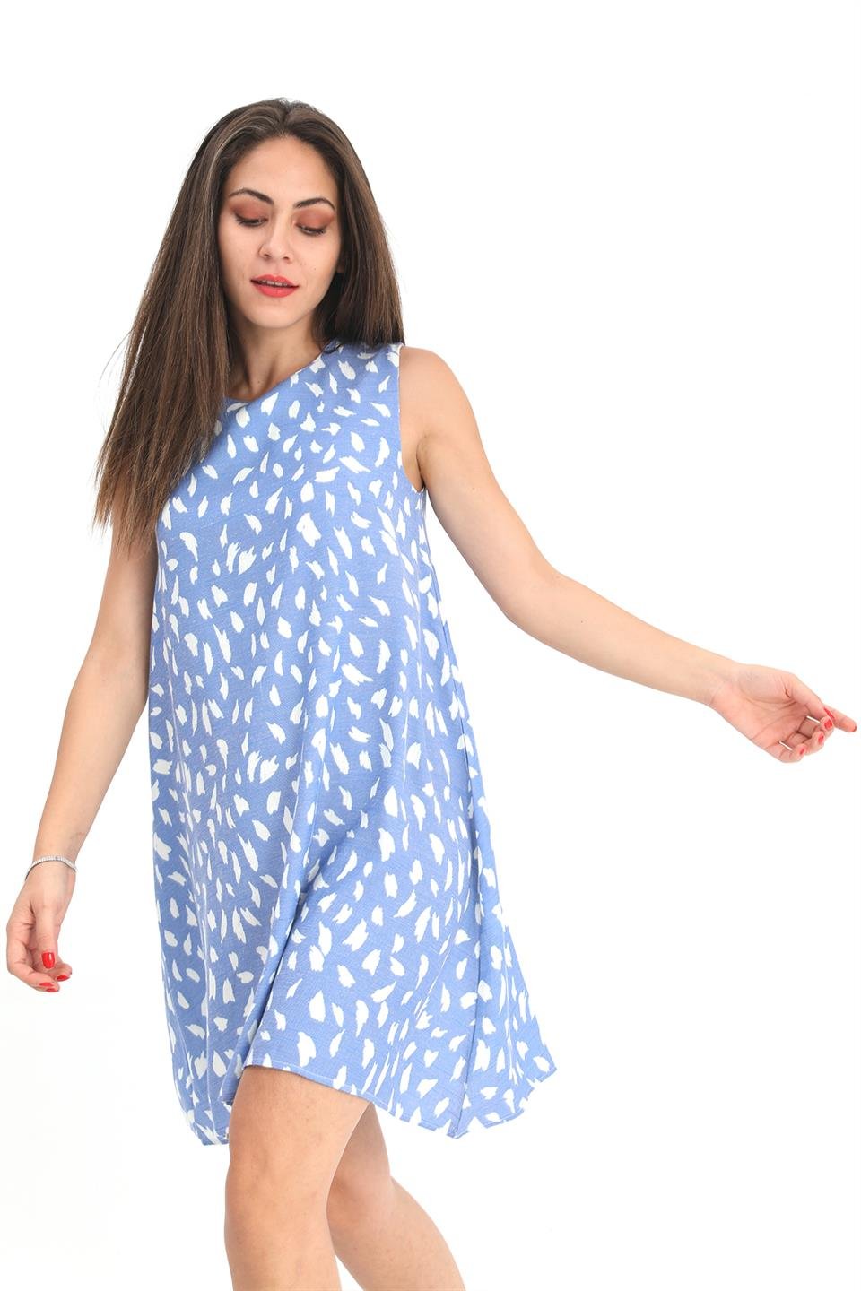 Elbise Sıfır Kol Desenli Keten - Mavi